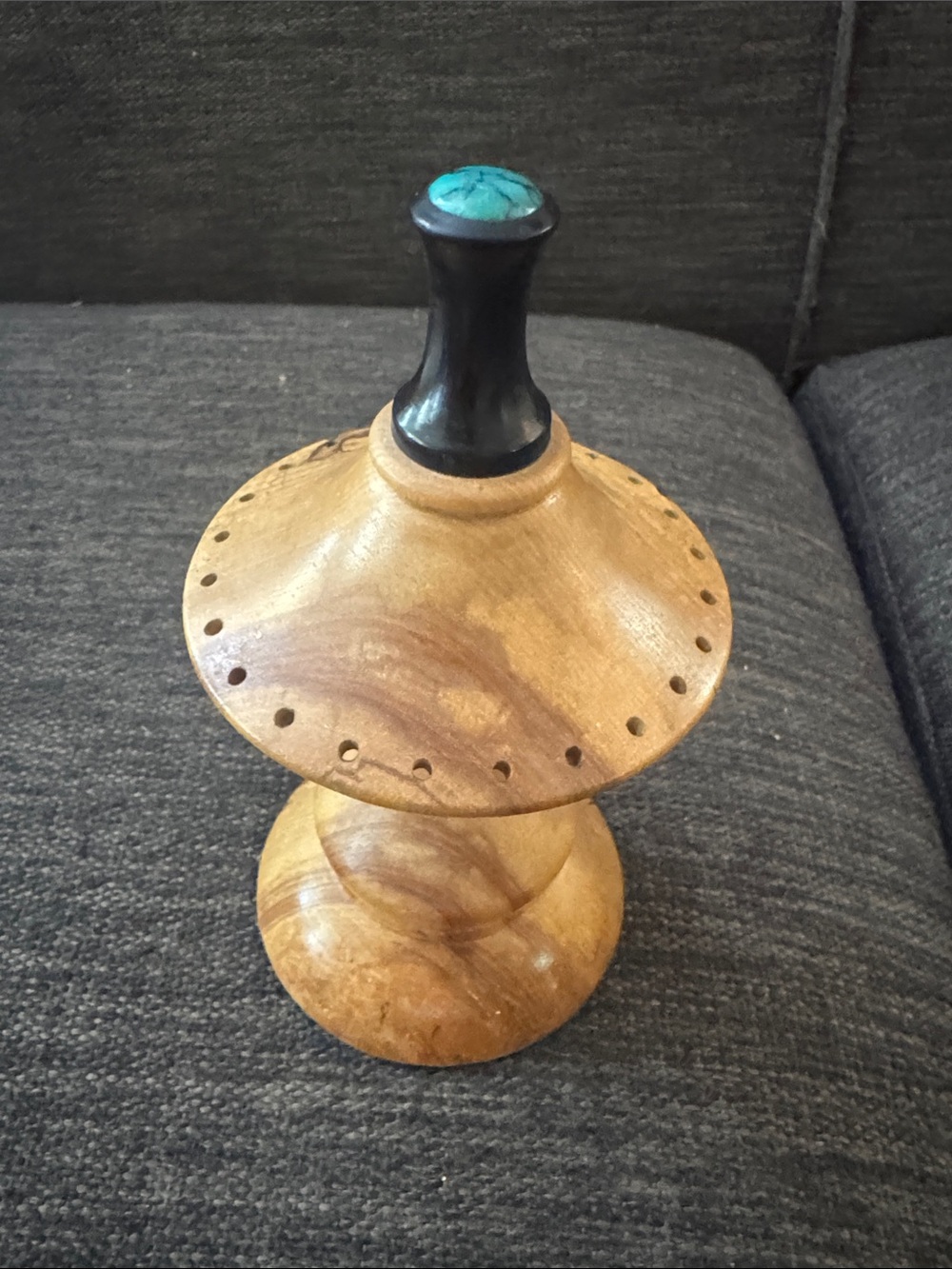 Handturned natural wood earring holder with Turquoise Accent